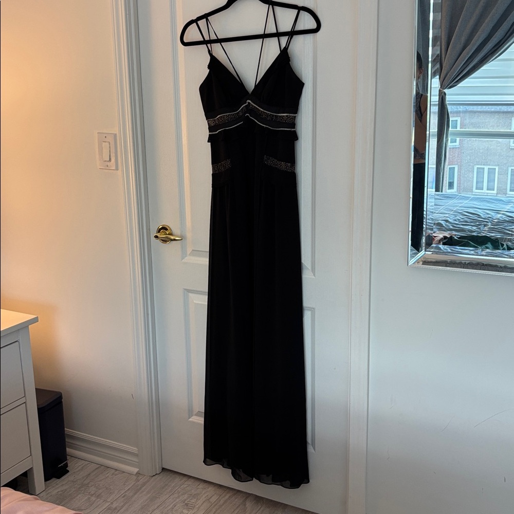 Stunning and Elegant Black Maxi Dress with Strappy Design and Mesh Detail